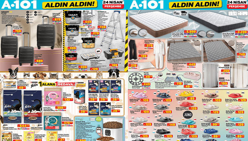 RAFLARDA A101 YENİ İNDİRİMLİ - AKTÜEL ÜRÜNLER KATALOĞU TAMAMI 24 NİSAN 2025 || A101 aktüel kataloğu ile bu hafta (Perşembe) neler var A101 aktüel broşürü şarjlı su pompası, dik süpürge, yatak çeşitleri getiriyor