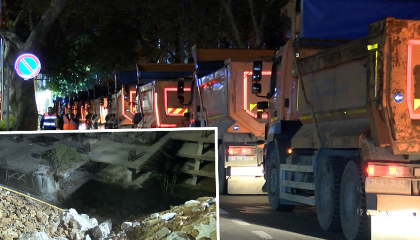 Sarıyerde çöken yolda çalışma