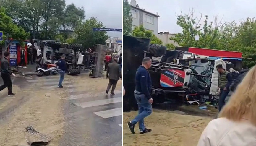 Bayrampaşada iş makinesi araçlara çarpıp devrildi: 2 yaralı