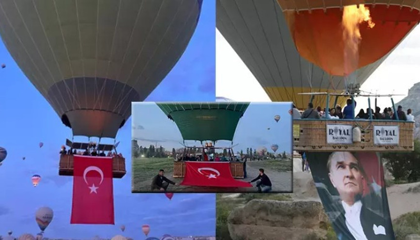 Kapadokya’da balonlar, 19 Mayıs’ta Türk bayrakları ve Atatürk posterleriyle havalandı