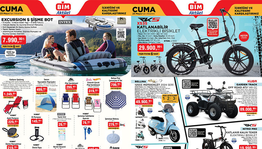 RAFLARDA BİM AKTÜEL ÜRÜNLER 23 MAYIS 2025 KATALOĞU || Bimde bu hafta cuma neler var Bim aktüel ürünler 23 Mayıs Flamingo Deniz Yatağı, Şişme Bot, Katlanabilir Elektrikli Bisiklet, Elektrikli Scooter getiriyor