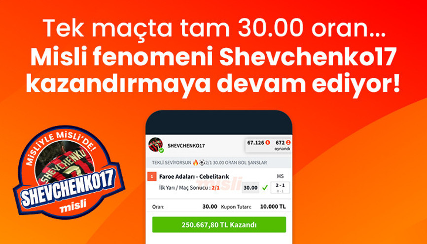 Misli fenomeni Shevchenko17 kazandırmaya devam ediyor Tek maçta tam 30.00 oran…