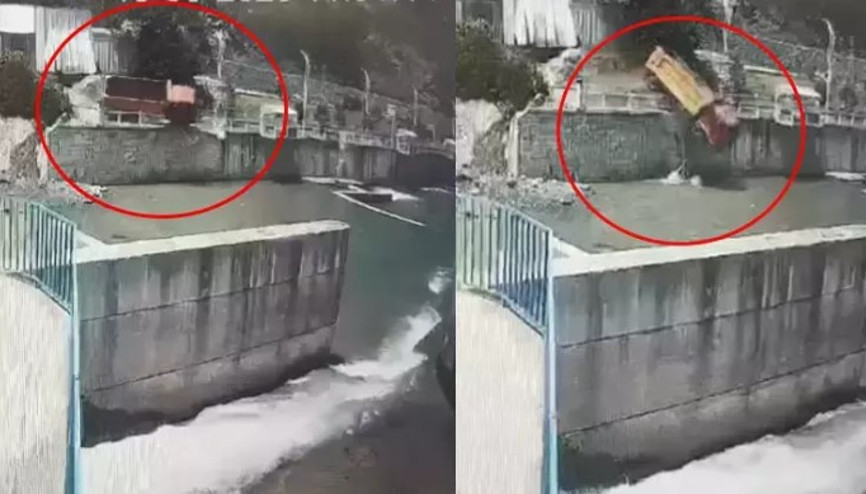 Kontrolden çıkan kamyon dereye böyle uçtu