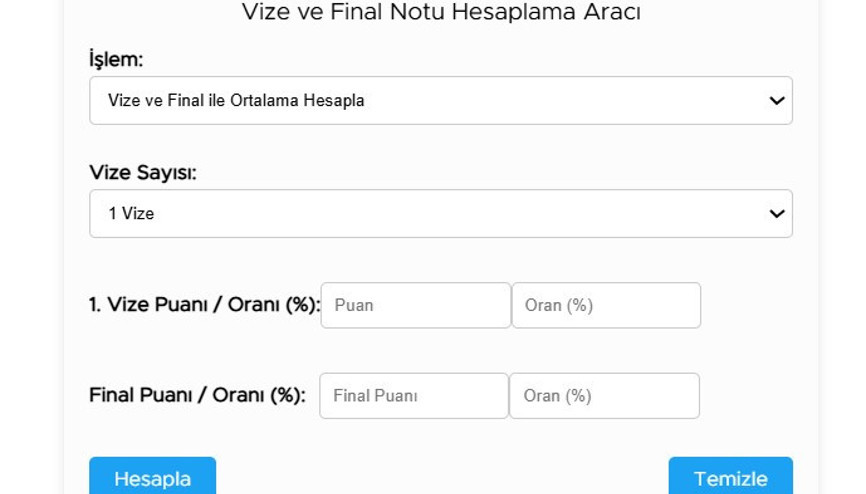 VİZE FİNAL HESAPLAMA ROBOTU (Ortalama hesabı): Yüzde 40-60 vize ve final puanı hesaplama ekranı