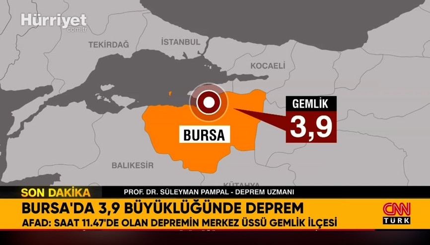 Bursada 3.9 büyüklüğünde deprem