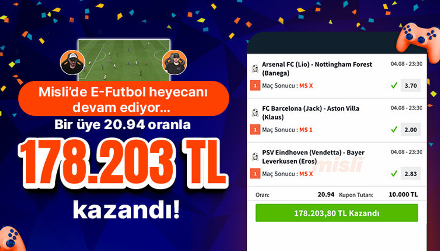 Misli’de E-Futbol heyecanı devam ediyor… Bir üye 20.94 oranla 178.203 TL kazandı