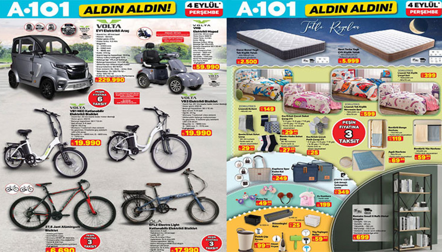 RAFLARA GELİYOR A101 İNDİRİM AFİŞİ 4 EYLÜL 2025 || A101 Aldın Aldın kataloğu ile bu hafta neler geliyor A101 aktüel ile elektrikli bisiklet, dikiş makinesi ve saç düzleştirici tarak satışa sunulacak
