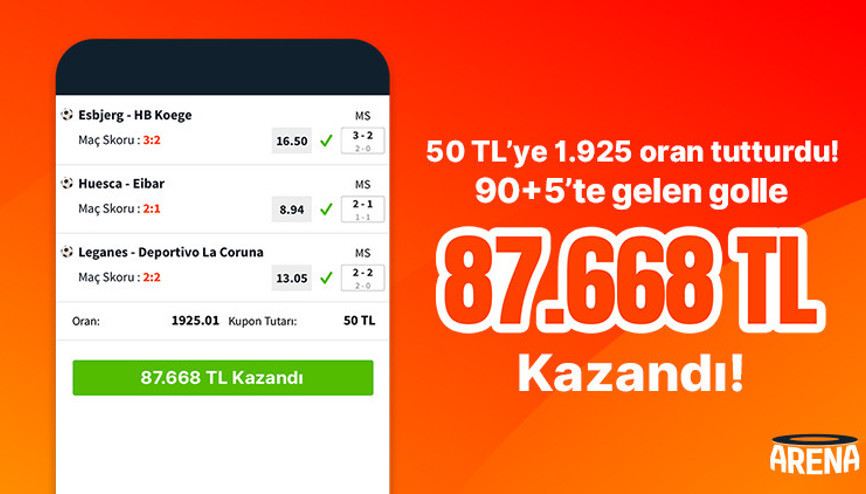 50 TL’ye 1.925 oran tutturdu 90+5’te gelen golle 87.668 TL kazandı