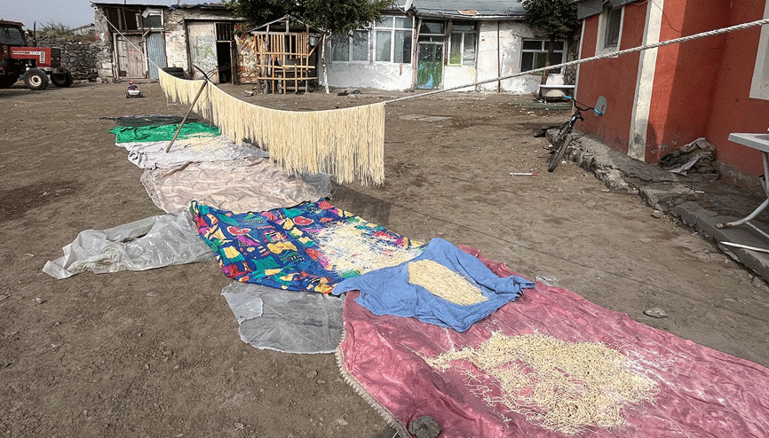 Karsta köylü kadınlar imece usulü erişte kesiyor