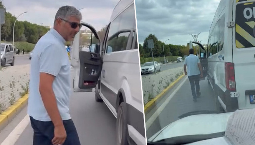 Okul servis şoförü, aracının önünü kestiği sürücüyü tehdit etti