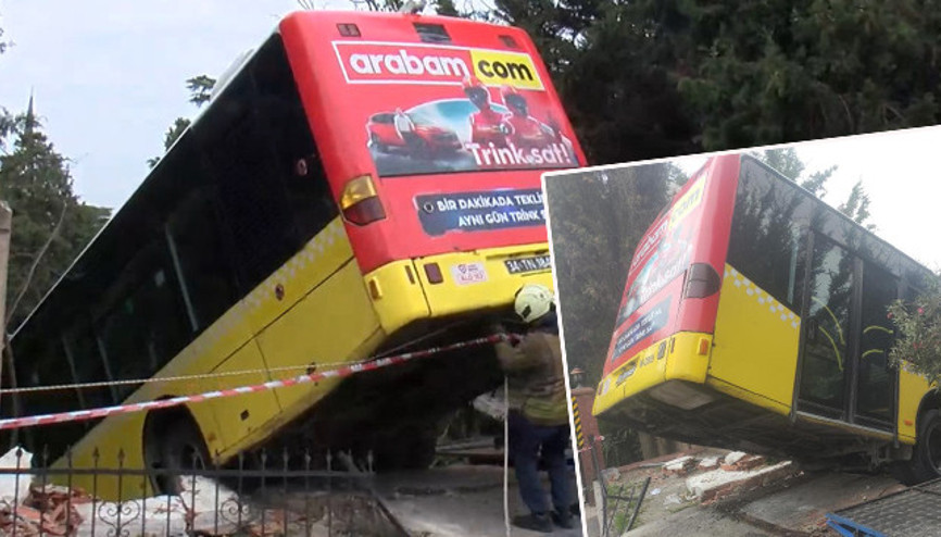 Üsküdarda İETT otobüsünün freni patladı: Otobüs asılı halde kaldı