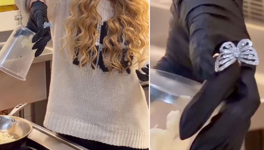 Parasını kendi kazandı, gösterişini de yapıyor: Lastik eldivenin üstüne pırlanta taktı: Soğanları pembeleşinceye kadar kavuruyoruz