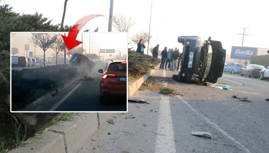 Makas atan aracın çarptığı otomobil devrildi: O anlar kamerada