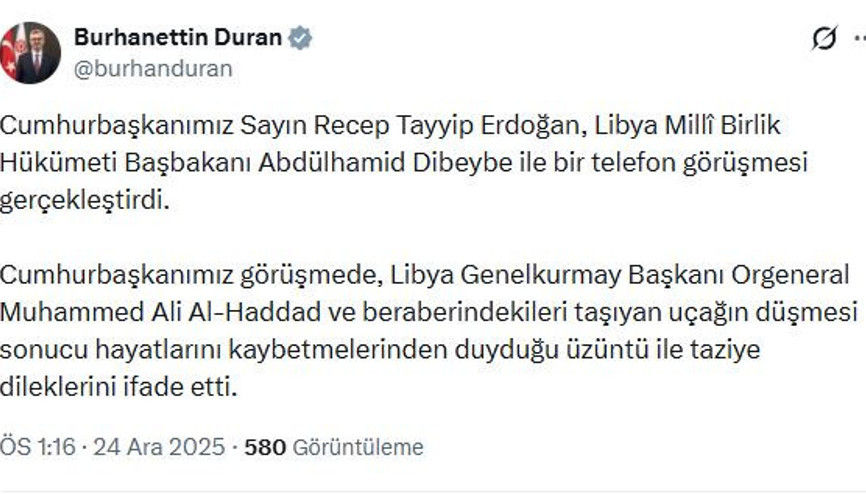 Cumhurbaşkanı Erdoğandan Libya Başbakanı Dibeybeye taziye telefonu