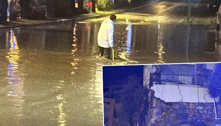 Bodrumda kuvvetli sağanak ve dolu yağışı Yollar göle döndü... 4 ev tahliye edildi