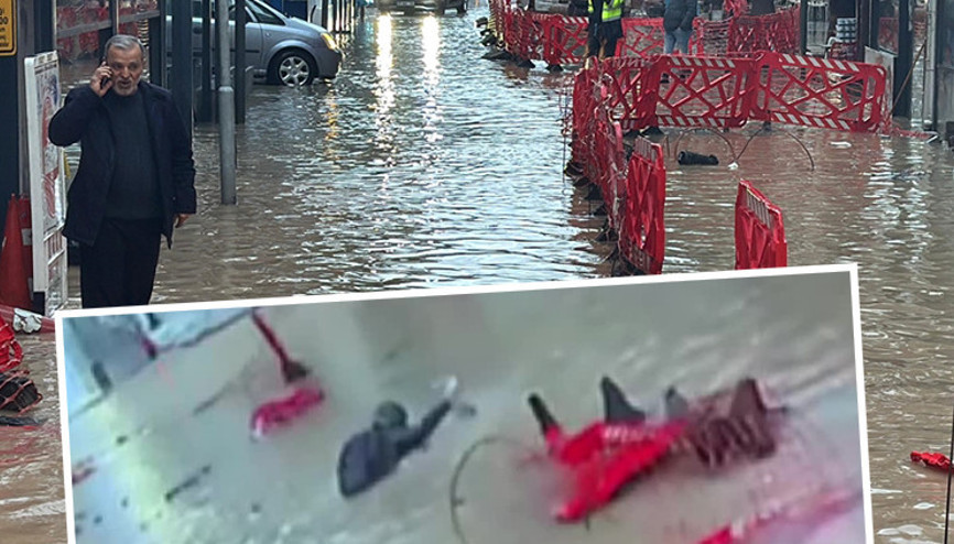 Kuvvetli yağış sonrası kent sular altında kaldı Çukura düşen vatandaşın çaresizliği kamerada