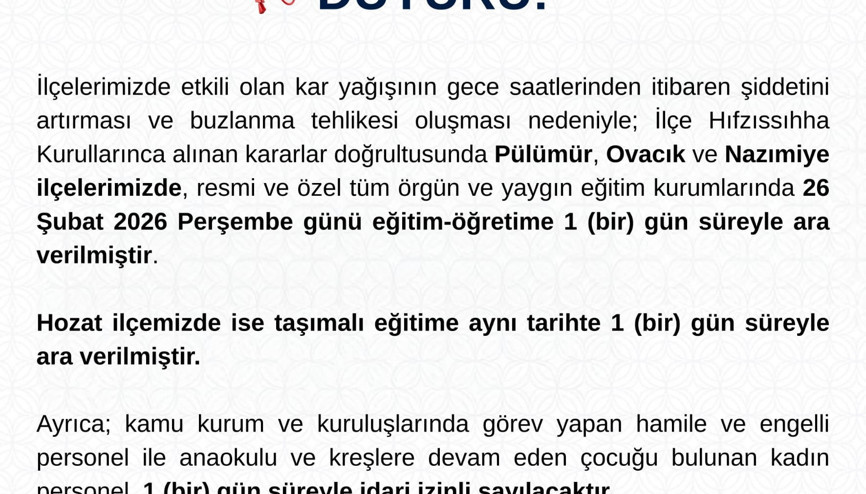 Tuncelide 4 ilçede eğitime kar engeli