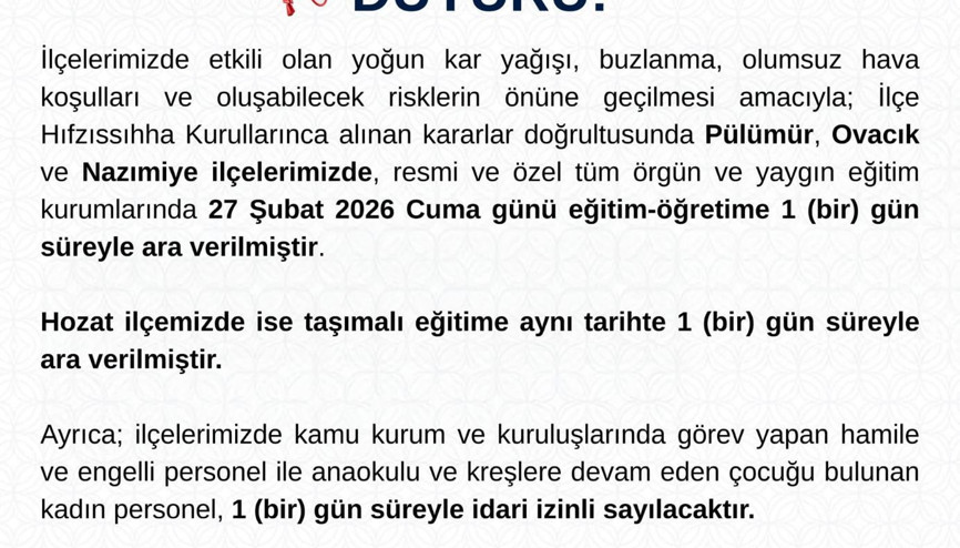 Tunceli’de 4 ilçede eğitime ‘kar’ nedeniyle 1 gün ara