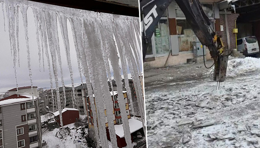 Kentte 20 santimetre kalınlığında buz tabakaları oluştu: İş makinesi devreye girdi