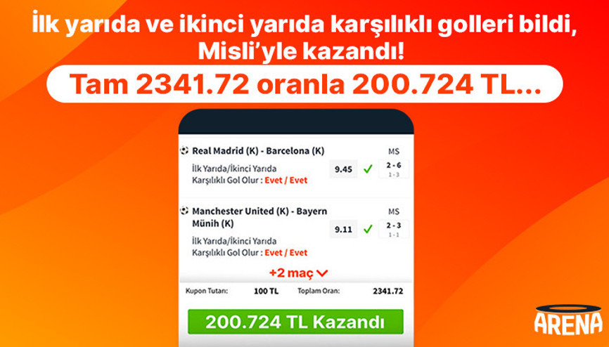 İlk yarıda ve ikinci yarıda karşılıklı golleri bildi, Misli’yle kazandı Tam 2341.72 oranla 200.724 TL…