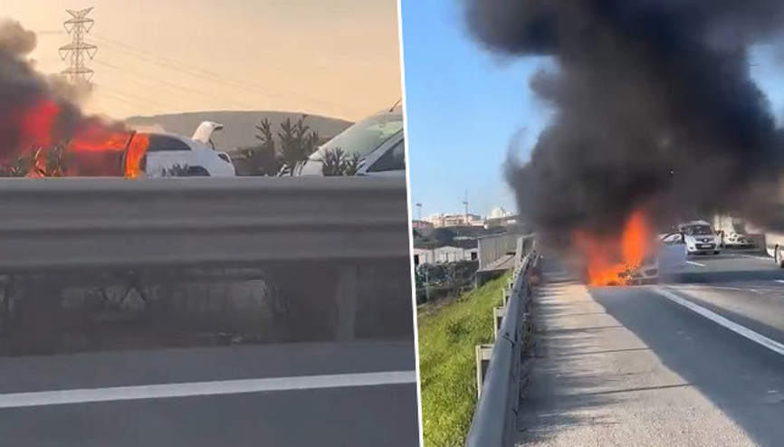 Kuzey Marmara Otoyolu’nda seyir halindeki otomobil alev alev yandı