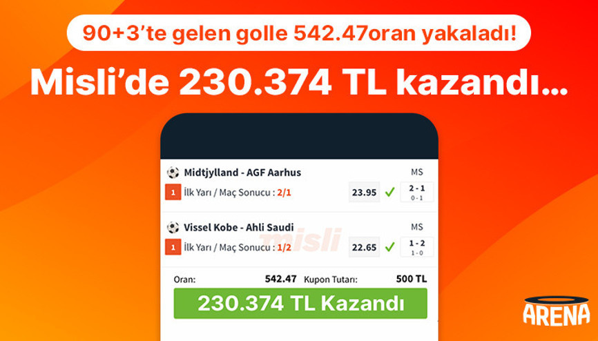 90+3’te gelen golle 542.47 oran yakaladı Misli’de 230.374 TL kazandı…