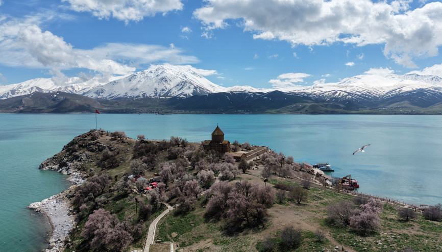 Badem ağaçlarının çiçekleriyle güzelleşen Akdamar Adasında turist yoğunluğu
