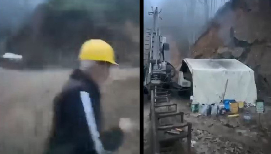 Giresunda heyelan anları kamerada Sondaj makinesi toprak altında kaldı, işçiler son anda kurtuldu