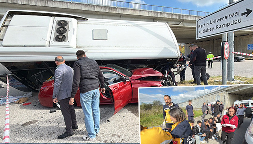 Bartında öğrencileri taşıyan otobüs, otomobilin üzerine devrildi: 46 yaralı