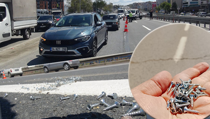 Yola dökülen vidalar trafiği felç etti Polis ve esnaf seferber oldu