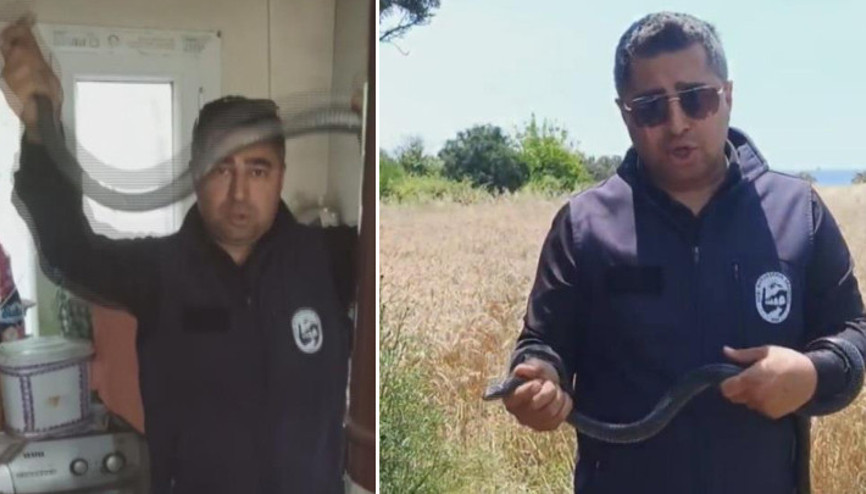 Yılancı Kemal eve giren yılanı eliyle yakaladı