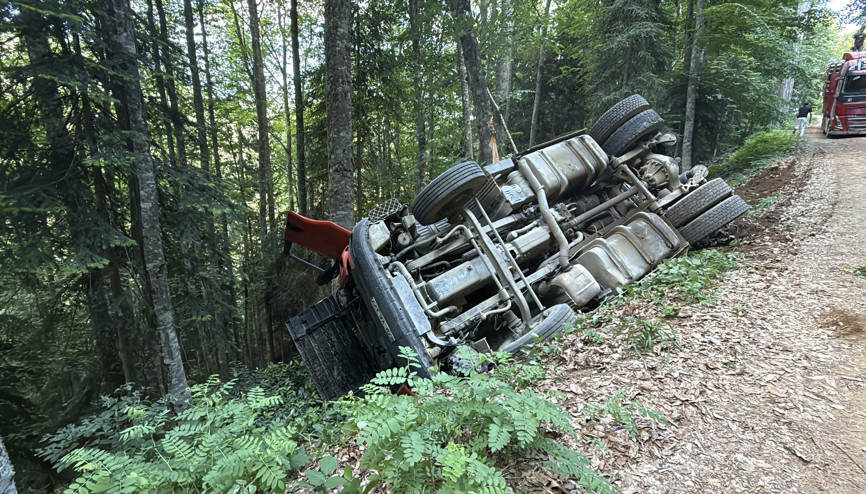 Orman yolunda devrilen TIRın sürücüsü yaralandı
