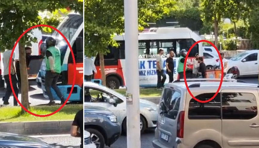 Yol verme kavgasında motokuryeden minibüse kasklı saldırı Yol verme kavgasında motokuryeden minibüse kasklı saldırı