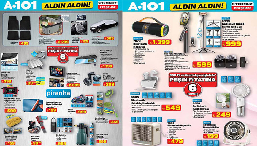 SATIŞTA A101 AFİŞİ YENİ HAFTA İNDİRİMLERİ 9 TEMMUZ 2026 || A101 Aldın Aldın aktüel kataloğu bu hafta neler sunuyor A101 broşürü ile su sebili, kablosuz tripod, şişme yatak, vantilatör, ikili yaka mikrofonu, waffle makinesi, şezlong sandalye raflarda