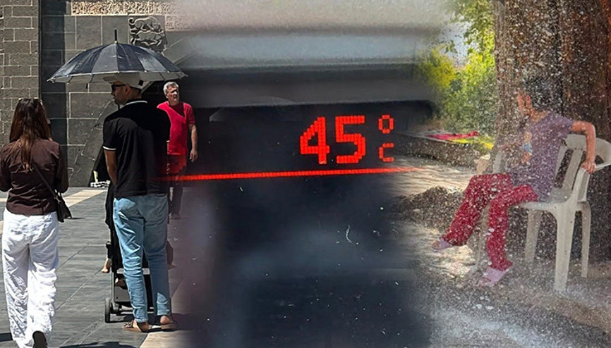 Diyarbakırda kavurucu sıcaklar Termometreler 45 dereceyi gösterdi: ağaçtan sarkıtılan hortumla serinlediler