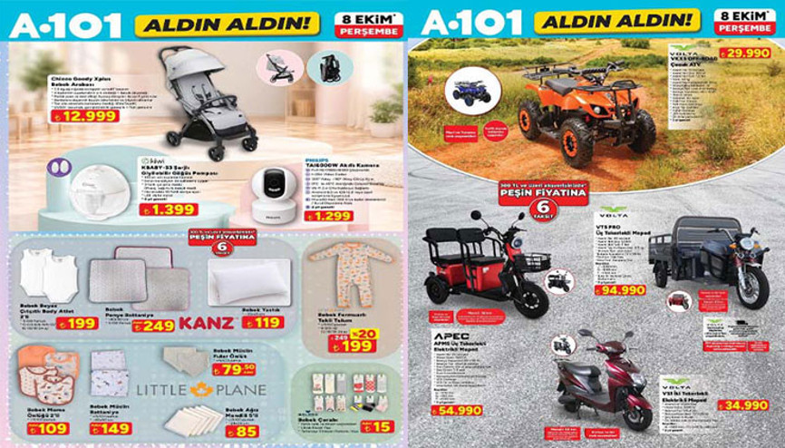 SATIŞTA A101 AFİŞİ ÜRÜNLERİ 8 EKİM 2026 || Perşembe günü A101 Aldın Aldın aktüel kataloğu ürünleri neler A101 indirim broşürü ile dikiş makinesi, giyilebilir göğüs pompası, motor kaskı, bebek arabası, piyanolu oyun halısı, akıllı kamera raflarda
